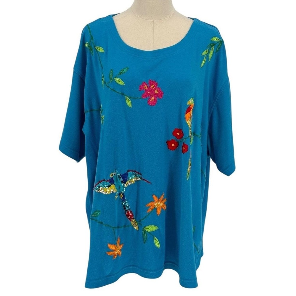 Vintage Paradise Bay Plus Turquoise Bird‎ Floral Embroidered T Shirt Top Size 3X